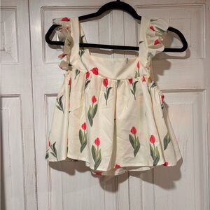 SHEIN White and Red Floral Ruffle Blouse